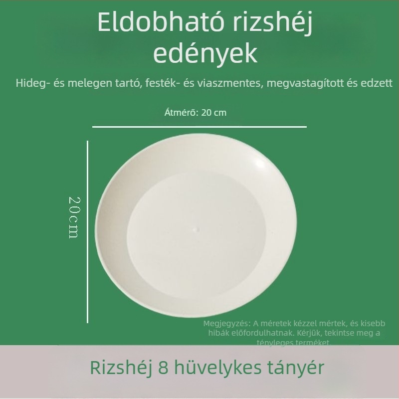 Biológiailag lebomló rizshéjból készült egyszer használatos étkészlet, vastagabb kivitel, hőálló, piknikhez, környezetbarát, esküvőkre és háztartási felhasználásra.