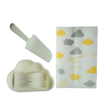 Egyszer használatos torta kés, villa és tál készlet európai stílusú hajlított villa és felhőmintás tál, műanyag, vastagság 0,5, nyomtatott logó, testreszabás elérhető, 300 készlet