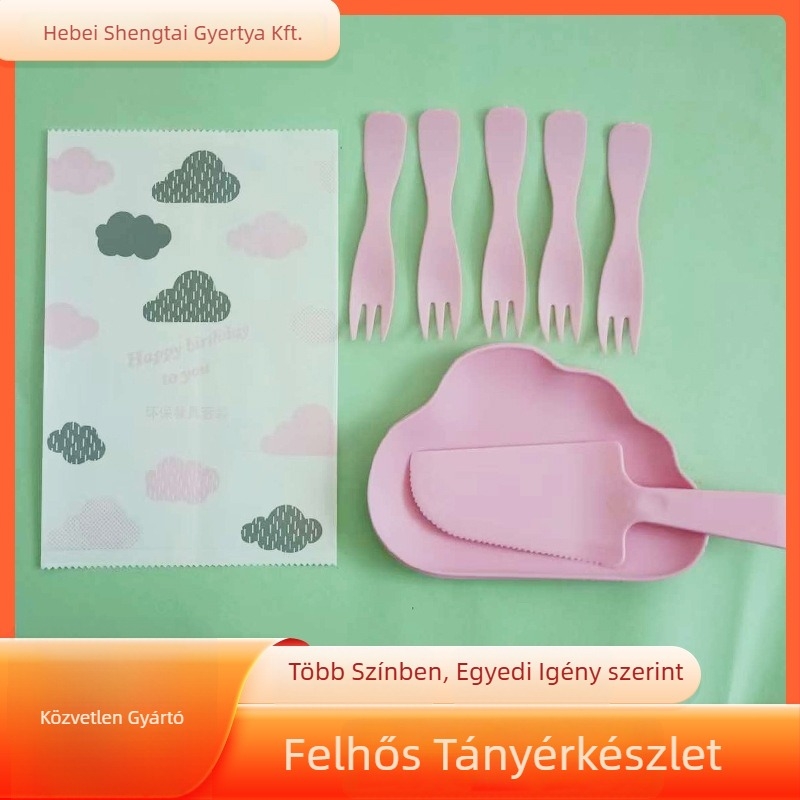 Egyszer használatos torta kés, villa és tál készlet európai stílusú hajlított villa és felhőmintás tál, műanyag, vastagság 0,5, nyomtatott logó, testreszabás elérhető, 300 készlet