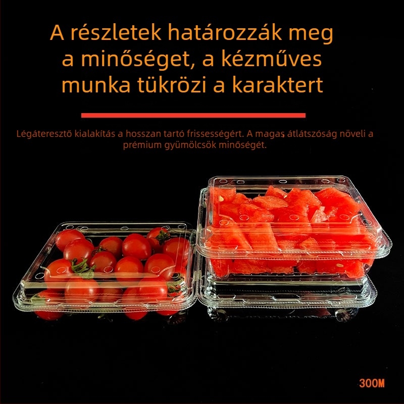 Egyszerhasználatos gyümölcsdoboz 300B – Dinnyés és epres csomagolás, Biodegradálható anyag, 100 darab, Testreszabható feldolgozás, Nyomtatott logó, Gyártási licencszám Hubei XK16-204-00918
