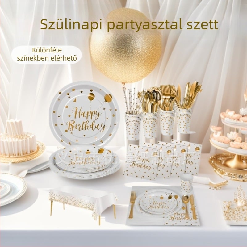 Egyszer használatos party étkészlet születésnapi rendezvényre, papírból, poharak 250 ml, kerek tányérok, márka Excellent Warmth
