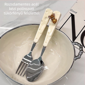 Ins-stílusú sajtvilla és desszertkanál készlet – rozsdamentes acél, tükrös polírozás, karikatúra mintázat, egyedi csomagolás