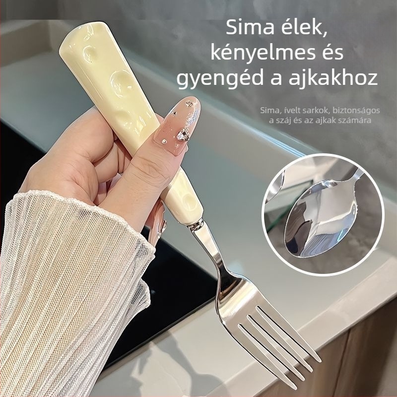 Ins-stílusú sajtvilla és desszertkanál készlet – rozsdamentes acél, tükrös polírozás, karikatúra mintázat, egyedi csomagolás