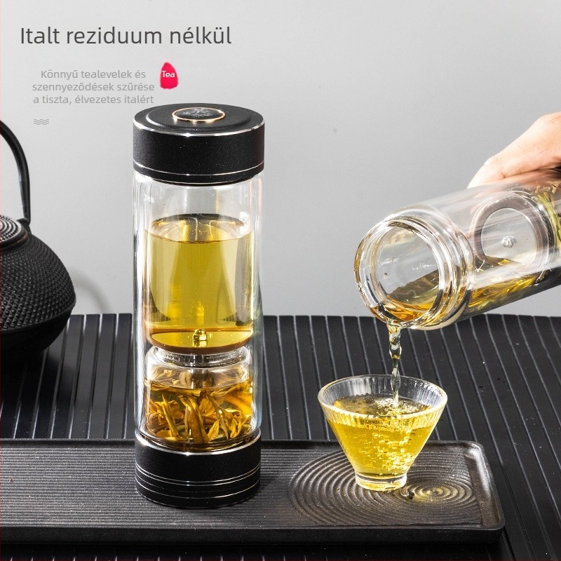 Kétfalú üveg teáscsésze szeparációval, szivárgásmentes zárás, hőálló, szűrővel, ajándékdoboza, testreszabható