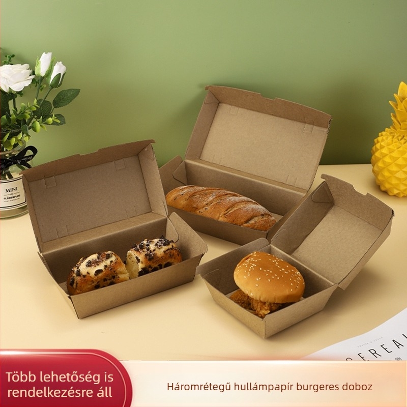 Élelmiszer-minőségű kraft hullámkarton egyszer használatos doboz burgerhez és gyorséttermi ételekhez