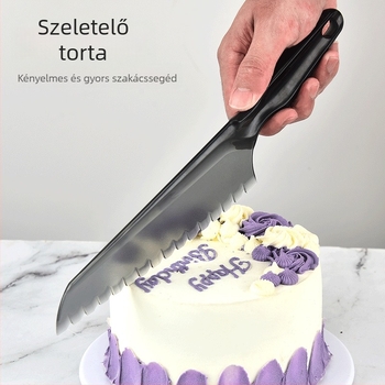 Műanyag tortas kés recés pengével, testreszabható feldolgozás, biodegradábilis, logóval nyomtatva