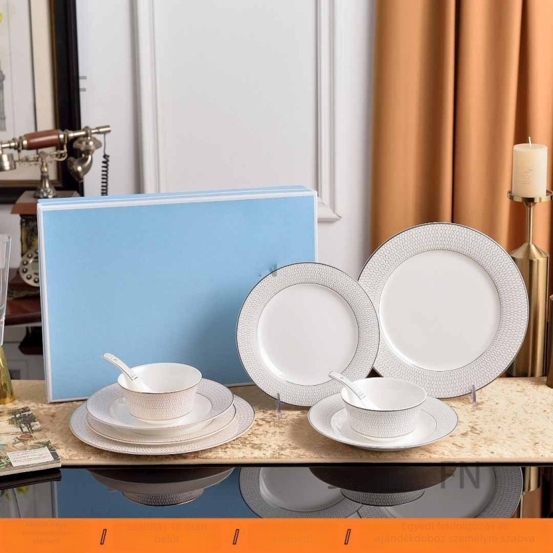 5 részes csontporcelán étkészlet platina élű geometriai csíkokkal - skandináv minimalista stílus, glazúrt felület