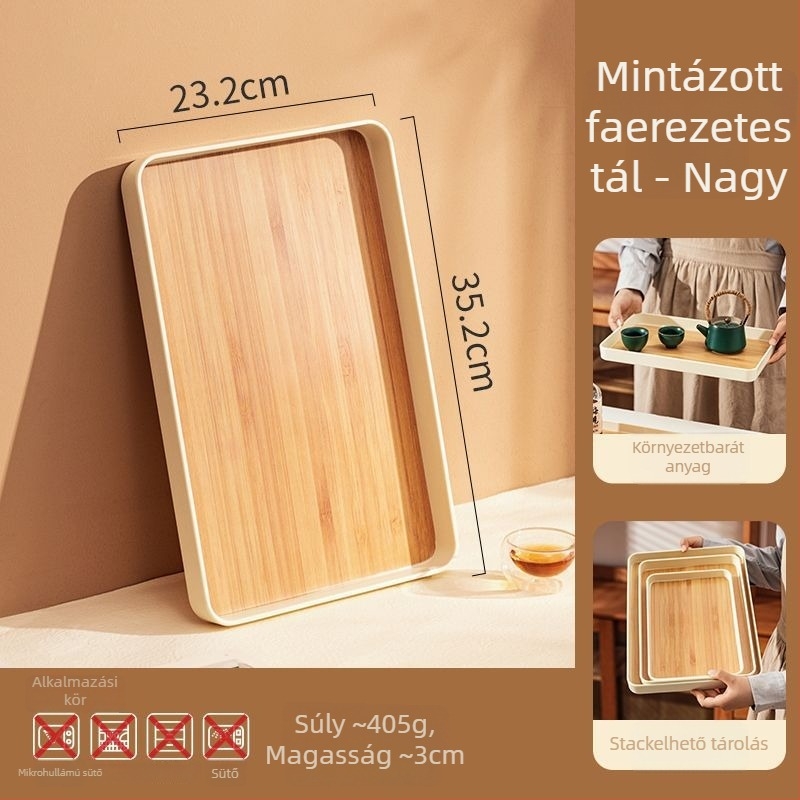 Műanyag tálca, nordic stílusú, fa textúra imitációval, teához és gyümölcsök tálalásához