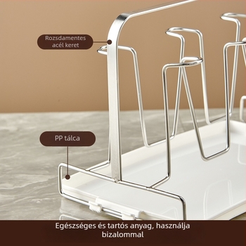 Rozsdamentes acélból készült pohártartó víztálcával és lefolyóval, hat pohár kapacitással