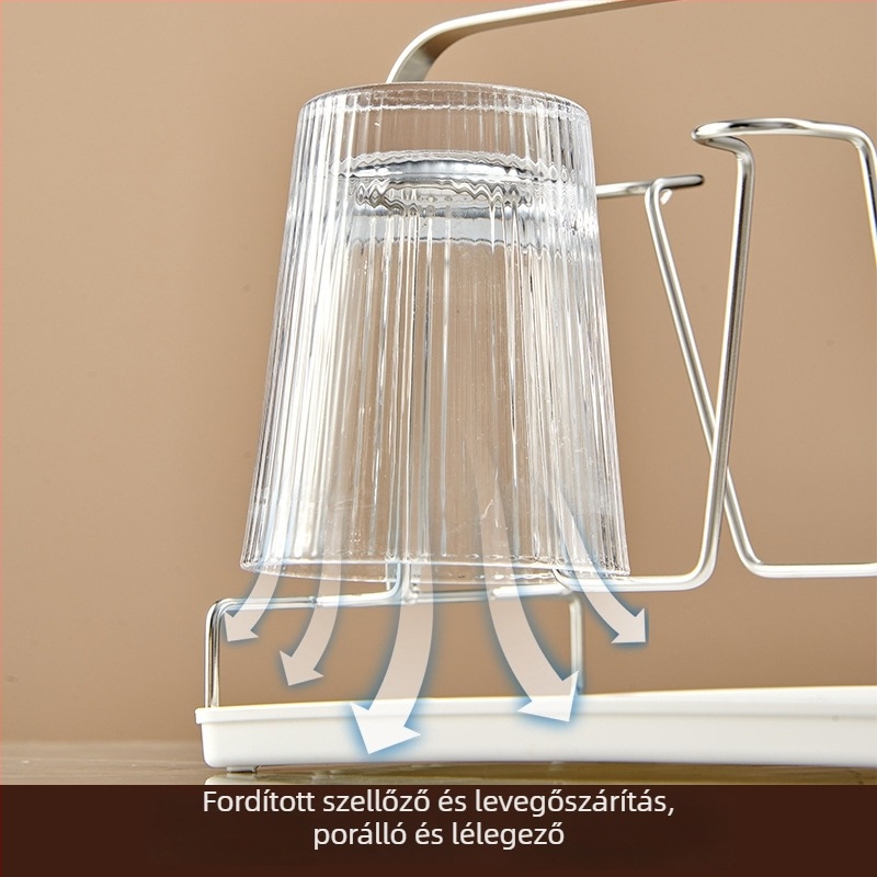 Rozsdamentes acélból készült pohártartó víztálcával és lefolyóval, hat pohár kapacitással