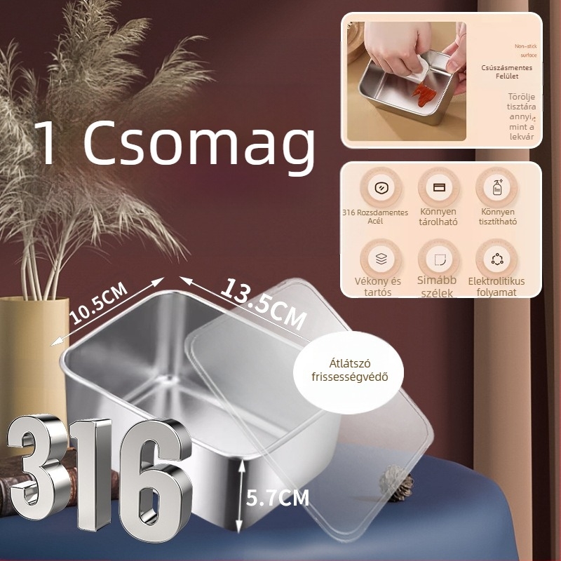 Téglalap alakú tároló 316-os rozsdamentes acélból, fedéllel, hőtartó, 501-800 ml