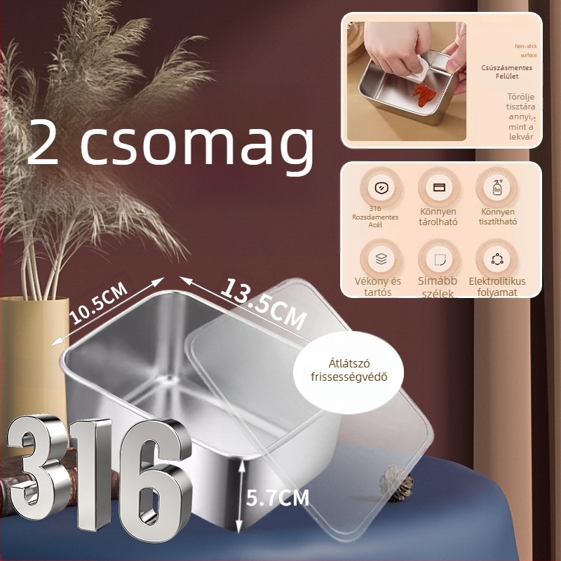 Téglalap alakú tároló 316-os rozsdamentes acélból, fedéllel, hőtartó, 501-800 ml