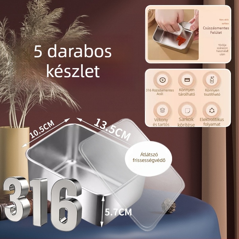 Téglalap alakú tároló 316-os rozsdamentes acélból, fedéllel, hőtartó, 501-800 ml