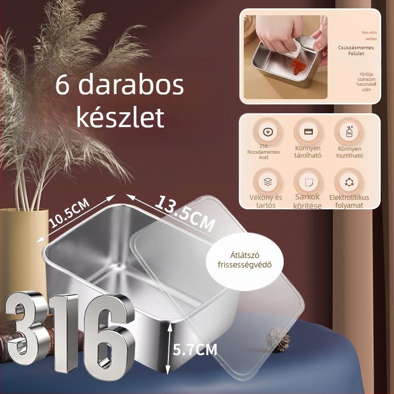 Téglalap alakú tároló 316-os rozsdamentes acélból, fedéllel, hőtartó, 501-800 ml