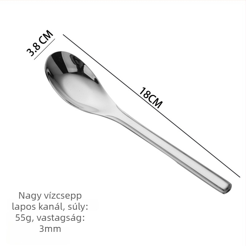 316 rozsdamentes acélból készült leveskanál, vastagított test, hosszú nyél, sík alj, tükörfényű felület