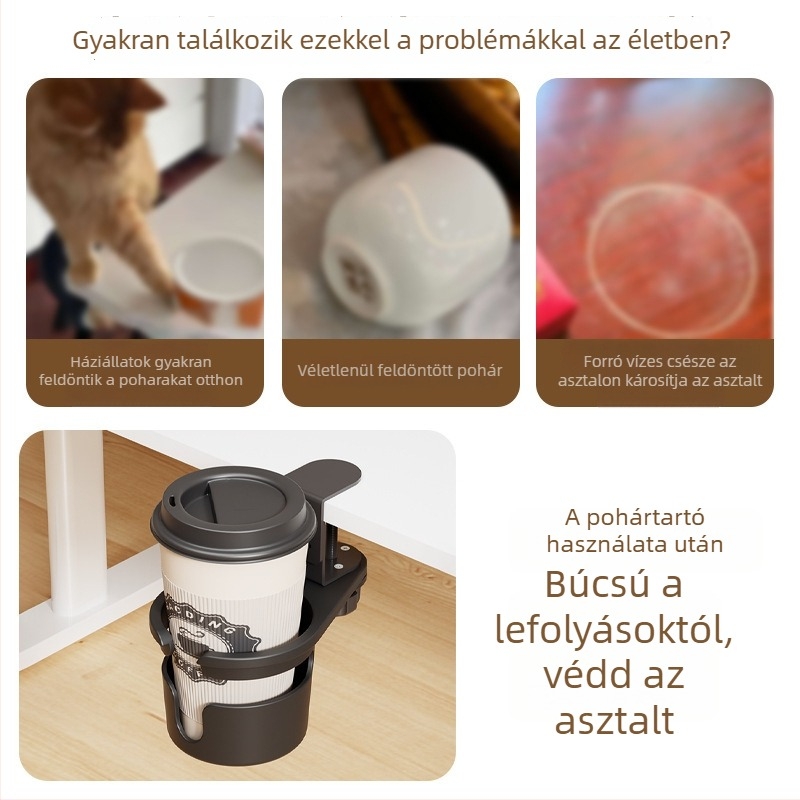 Iroda pohártartó – forgatható, kinyúló, fúrás nélkül, ABS+fém, asztali telepítés