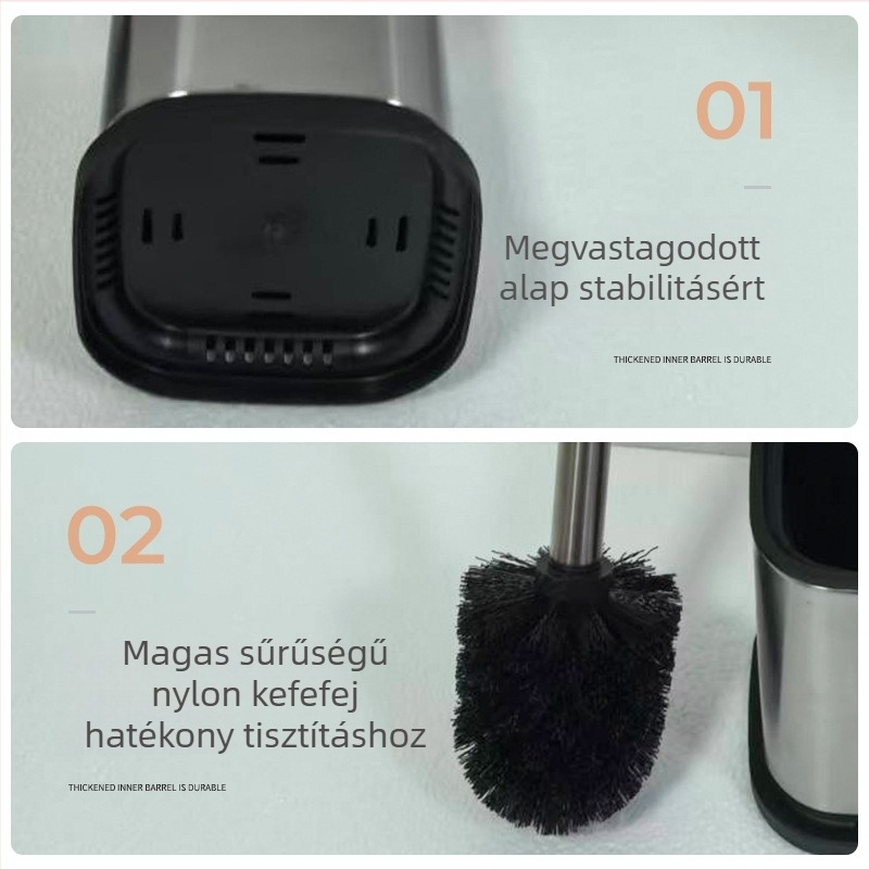 Négyzetes vécé-kefe zsanéros fedéllel, rozsdamentes acélból, készlet: kefefej, nyél és alap, új modell
