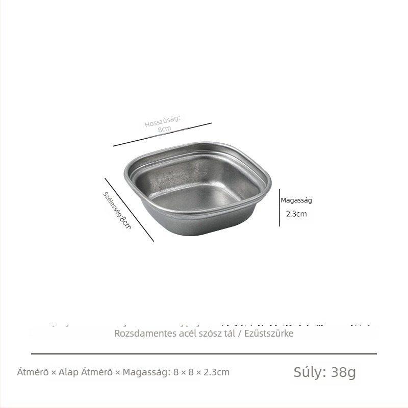 Retro koreai stílusú osztott rozsdamentes acél mártótál, négyszögletes, több rekesszel, egyszínű felület, kopott felület.