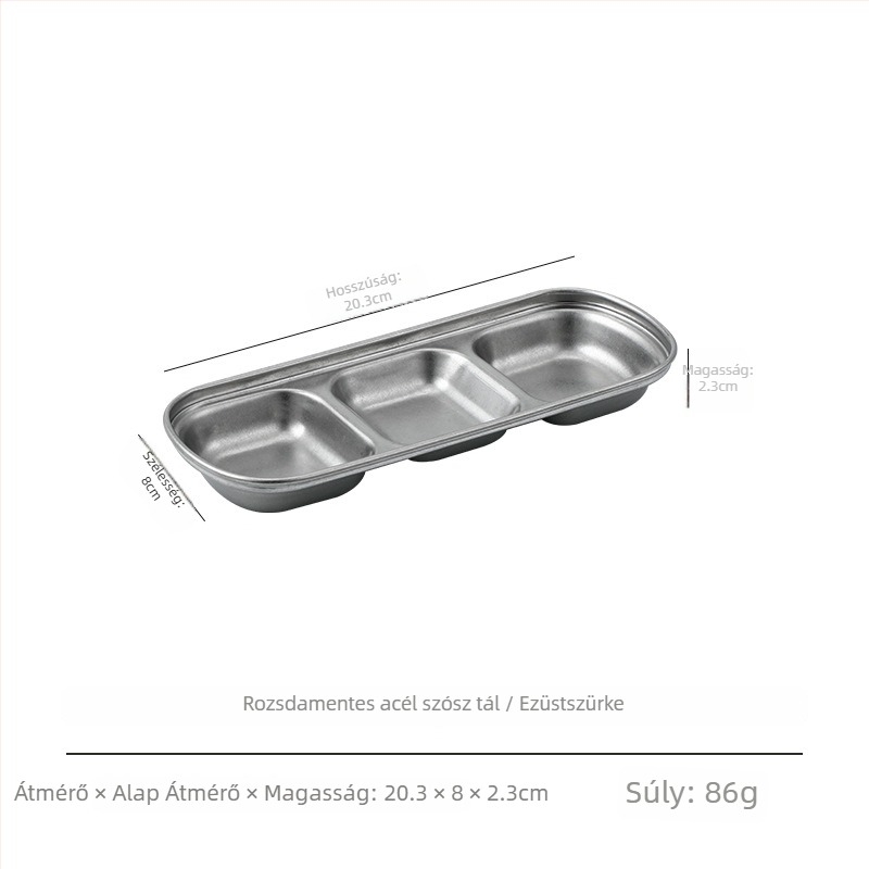 Retro koreai stílusú osztott rozsdamentes acél mártótál, négyszögletes, több rekesszel, egyszínű felület, kopott felület.
