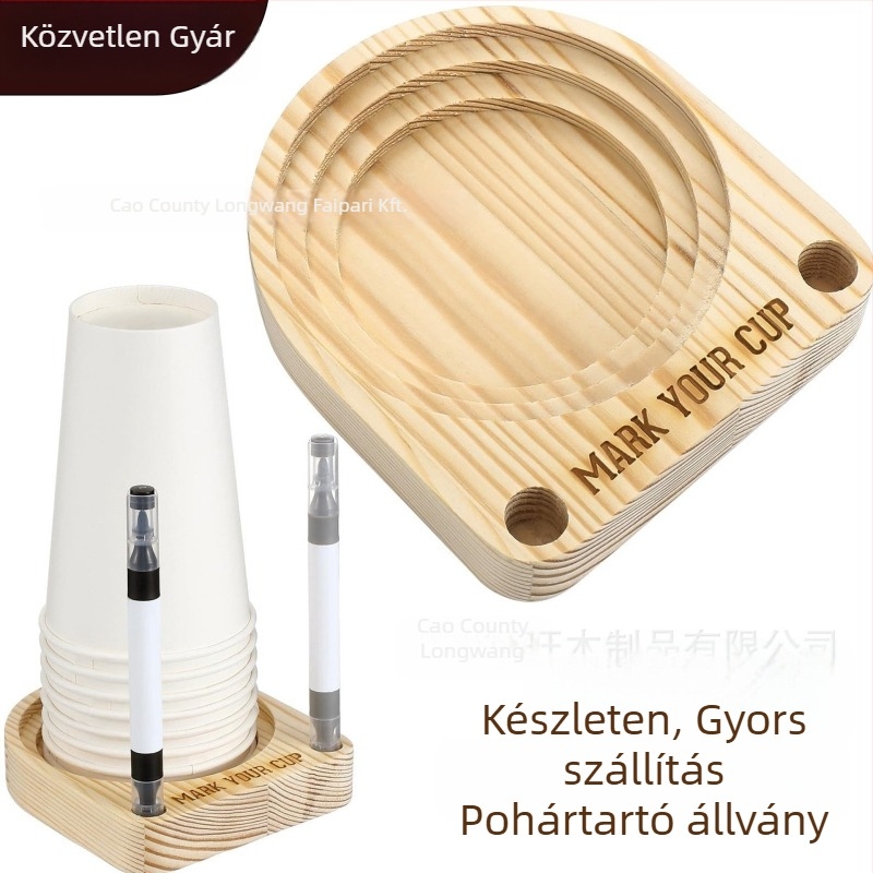 Fából készült konyha- és bárpohár-tároló állvány jelölő nyílással a papír poharakhoz; csavaros rögzítés; egy szintes; alkalmas hálószobába és nappaliba