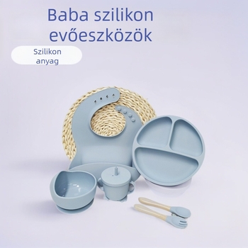 XLEE szilikon babatáplálási készlet szívóaljzattal, osztott tál, 6 darabos készlet: bib, tányér, tál, tanuló pohár, fa nyelű villa és kanál
