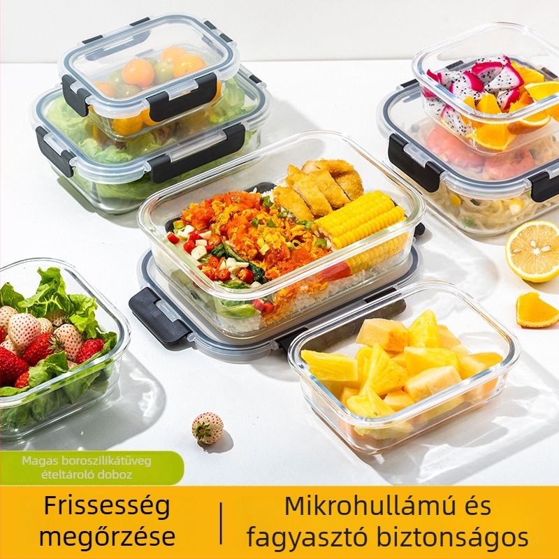 Boroszilát üveg ebédes doboz mikrosütővel kompatibilis, hőálló krispers doboz, kapacitás 301-1000 ml