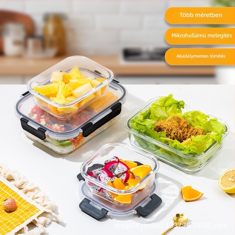 Boroszilát üveg ebédes doboz mikrosütővel kompatibilis, hőálló krispers doboz, kapacitás 301-1000 ml