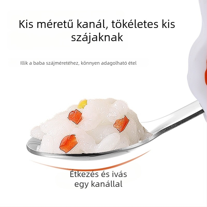 Rozsdamentes acélból készült 3 részes gyerekeknek készülő etető készlet: edzőkanál, önálló étkezést segítő kanál és rövid nyelű, hajlított fejű villa