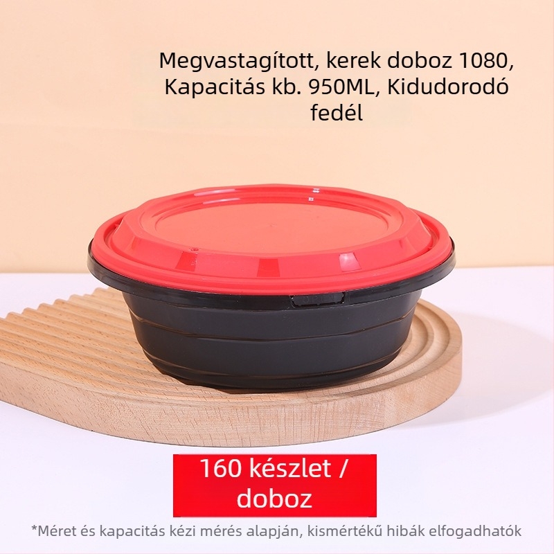 Egyszer használatos kerek ételszállító doboz antifurt zárakkal, szivárgásmentes, élelmiszer-minőségű PP anyagból, 160 darabos kiszerelés, logó nyomtatás lehetséges