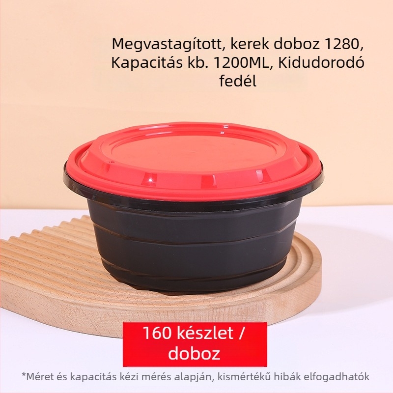 Egyszer használatos kerek ételszállító doboz antifurt zárakkal, szivárgásmentes, élelmiszer-minőségű PP anyagból, 160 darabos kiszerelés, logó nyomtatás lehetséges