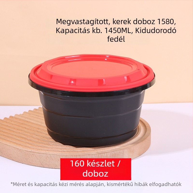 Egyszer használatos kerek ételszállító doboz antifurt zárakkal, szivárgásmentes, élelmiszer-minőségű PP anyagból, 160 darabos kiszerelés, logó nyomtatás lehetséges