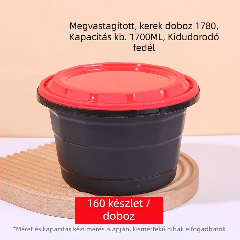 Egyszer használatos kerek ételszállító doboz antifurt zárakkal, szivárgásmentes, élelmiszer-minőségű PP anyagból, 160 darabos kiszerelés, logó nyomtatás lehetséges