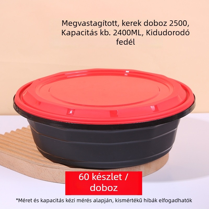 Egyszer használatos kerek ételszállító doboz antifurt zárakkal, szivárgásmentes, élelmiszer-minőségű PP anyagból, 160 darabos kiszerelés, logó nyomtatás lehetséges
