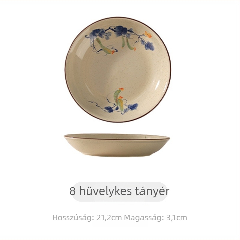 Porcelán tál aláglazúros díszítéssel, kör alakú, növény- és virágmotívum, mikróhullámú sütőben használható