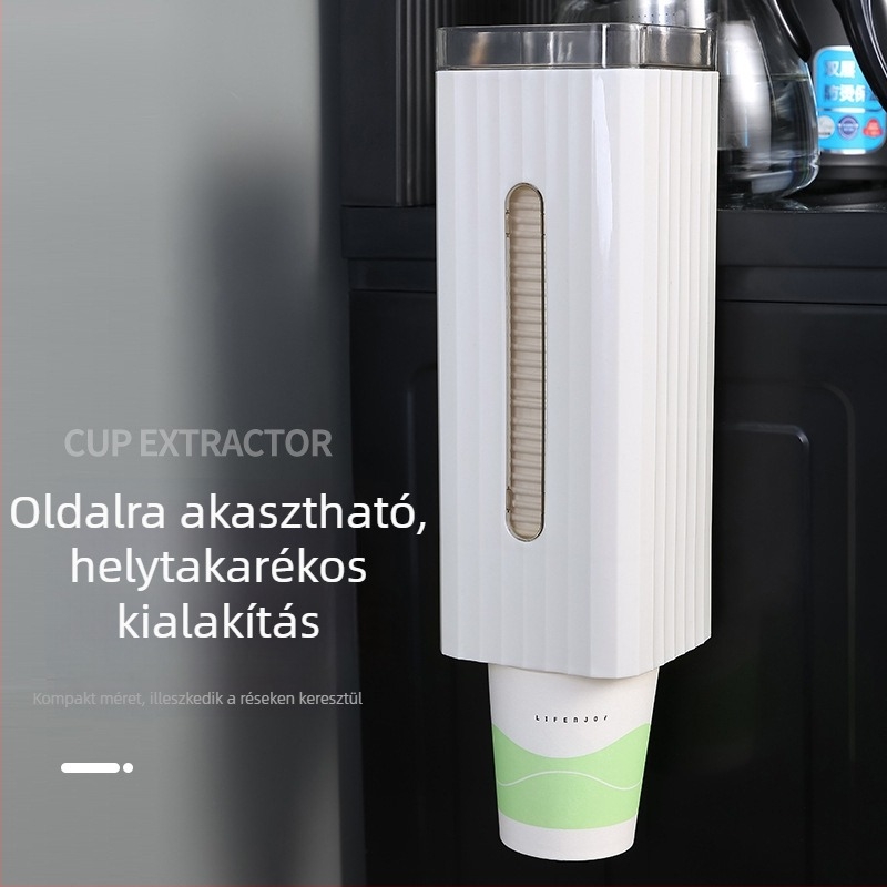 Falra szerelhető pohártartó – műanyag, lyukasztás nélkül, 40 darab papír pohárral csomagolva, modern, egyszerű stílus
