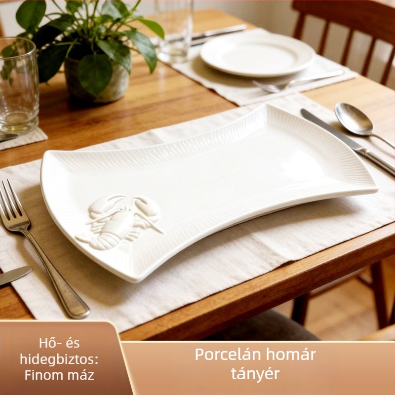 Kerámia lapos tányér homár mintázattal, téglalap alakú, glazúros felület, modern minimalist stílus, mikrohullámú sütőben használható