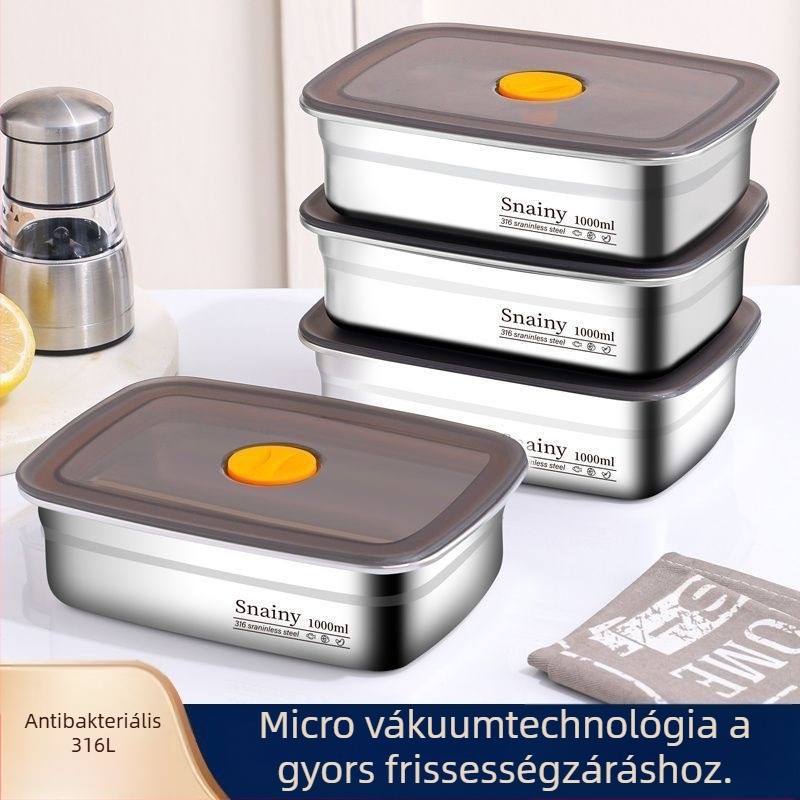 Rozsdamentes acél bento doboz vákuumzáras fedéllel, japán stílusú mély belsővel, 1–2 literes kapacitás, mikrohullámú sütőhöz használható