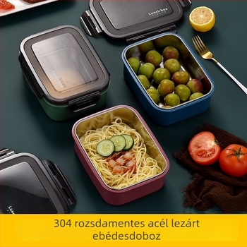 Bento doboz, téglalap alakú, 1-2 L kapacitás, tehető mikrohullámú sütőbe, PP + 304 rozsdamentes acél