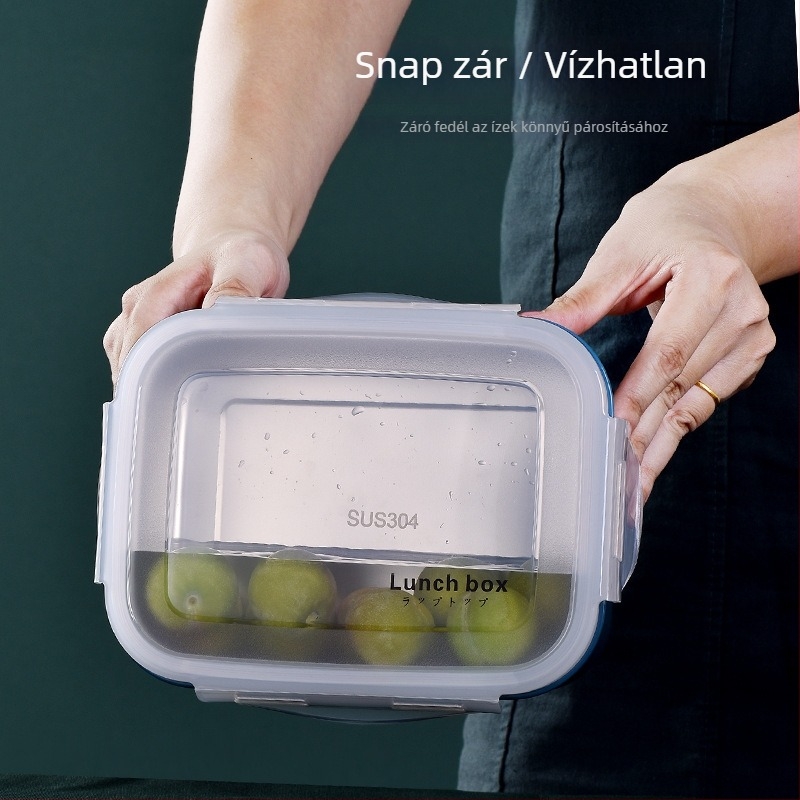Bento doboz, téglalap alakú, 1-2 L kapacitás, tehető mikrohullámú sütőbe, PP + 304 rozsdamentes acél