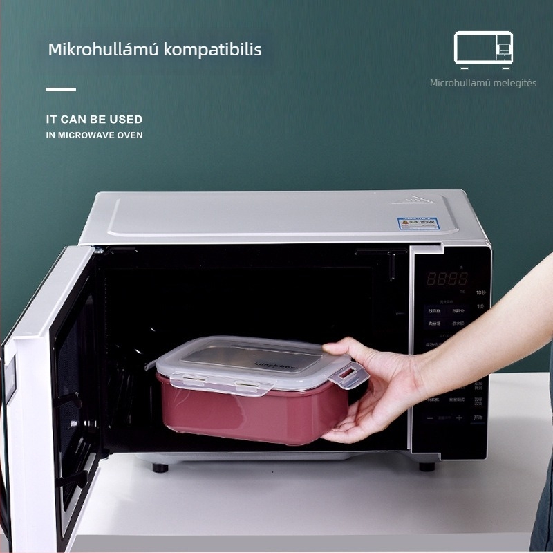 Bento doboz, téglalap alakú, 1-2 L kapacitás, tehető mikrohullámú sütőbe, PP + 304 rozsdamentes acél