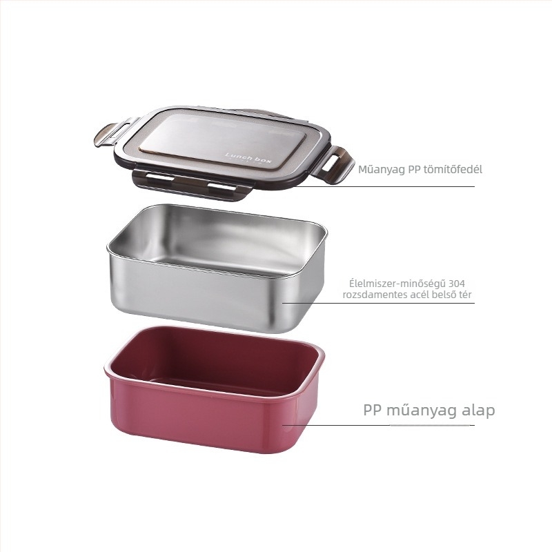 Bento doboz, téglalap alakú, 1-2 L kapacitás, tehető mikrohullámú sütőbe, PP + 304 rozsdamentes acél