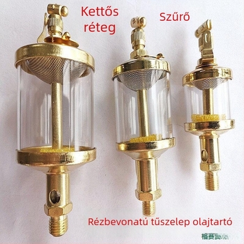 Tűszelepes olajtartály gépészeti szerszámokhoz, rézbevonattal, menetek G1/4, G1/8, G3/8