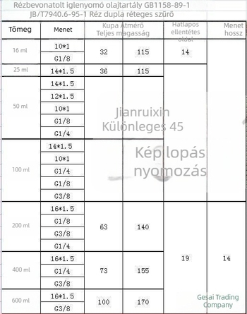 Tűszelepes olajtartály gépészeti szerszámokhoz, rézbevonattal, menetek G1/4, G1/8, G3/8