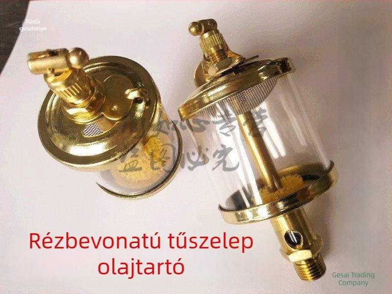 Tűszelepes olajtartály gépészeti szerszámokhoz, rézbevonattal, menetek G1/4, G1/8, G3/8