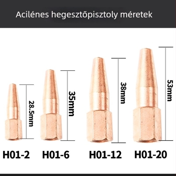 Lövés-szívó típusú hegesztőfej, modell H01-6, teljesen rézből, hossz 20, hegesztési áram 100 A, huzal Ø 6