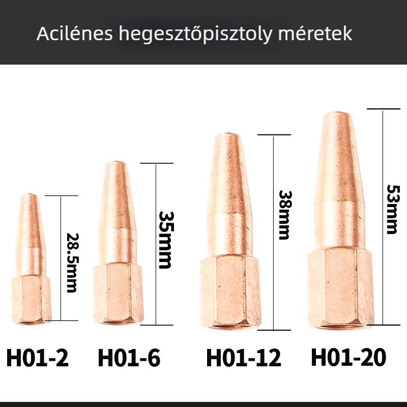 Lövés-szívó típusú hegesztőfej, modell H01-6, teljesen rézből, hossz 20, hegesztési áram 100 A, huzal Ø 6