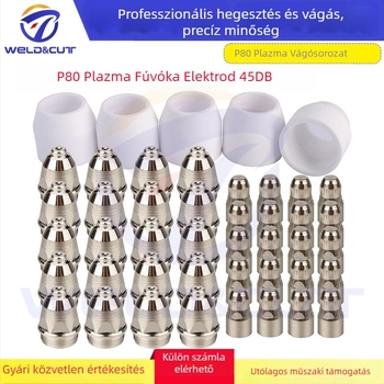 Plazma vágó P-80 készlet, 45 darab elektroda, fúvóka, védősapka és porcelán hüvely, alkalmas szénacél, rozsdamentes acél, réz és alumínium vágásához