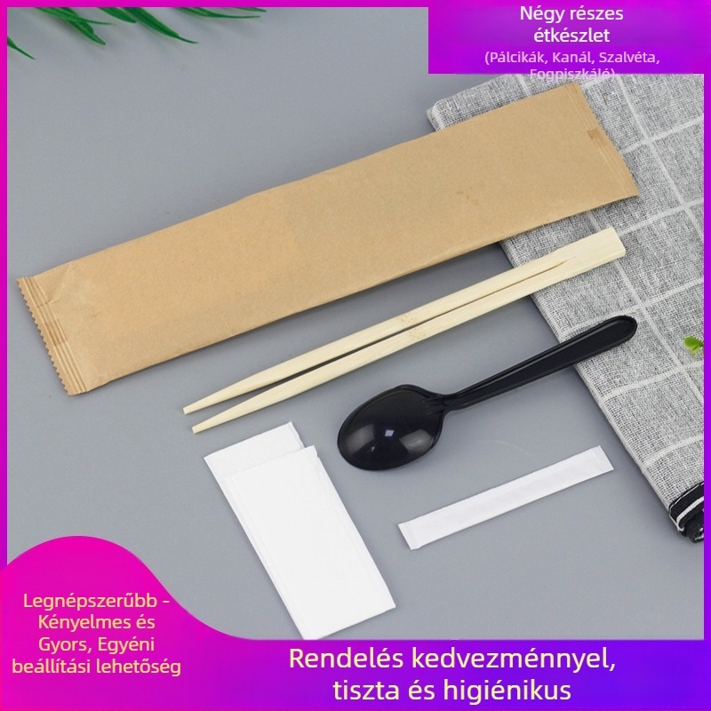 Egyszer használatos evőpálcikák, négy darabos ételhordó készlet take-outhoz, bambuszból, 21 cm hosszú, 0,5 cm vastagságú, logóval nyomtatva, 450 készlet dobozonként