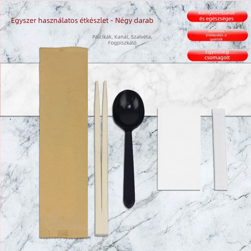 Egyszer használatos evőpálcikák, négy darabos ételhordó készlet take-outhoz, bambuszból, 21 cm hosszú, 0,5 cm vastagságú, logóval nyomtatva, 450 készlet dobozonként
