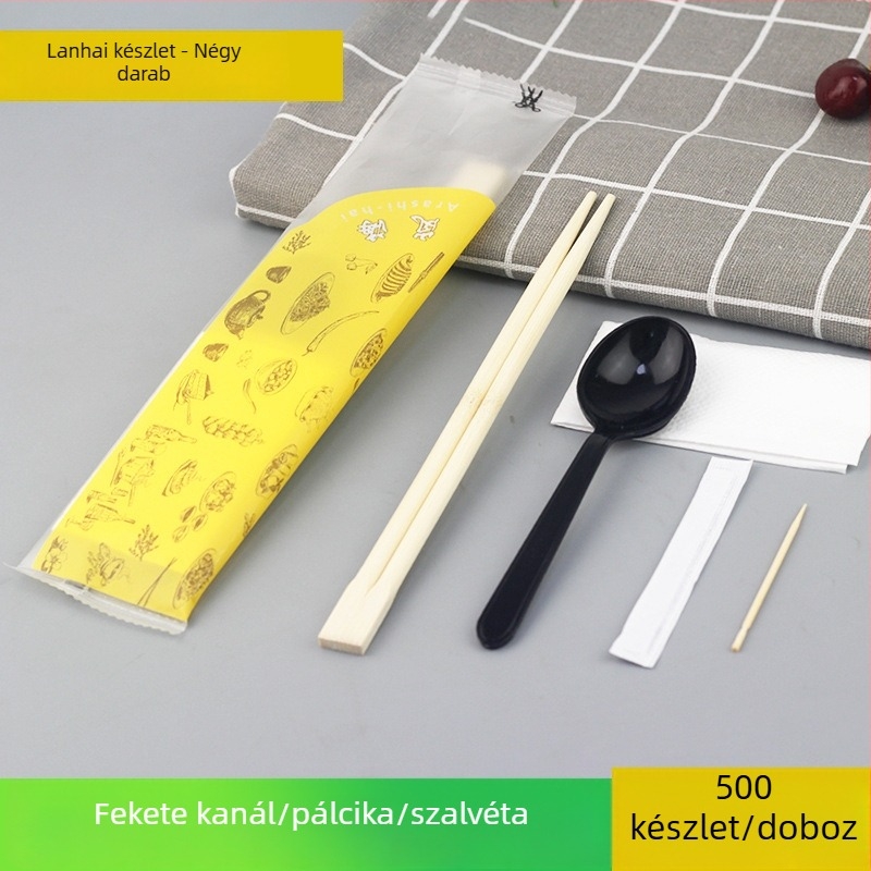 Egyszer használatos evőpálcikák, négy darabos ételhordó készlet take-outhoz, bambuszból, 21 cm hosszú, 0,5 cm vastagságú, logóval nyomtatva, 450 készlet dobozonként